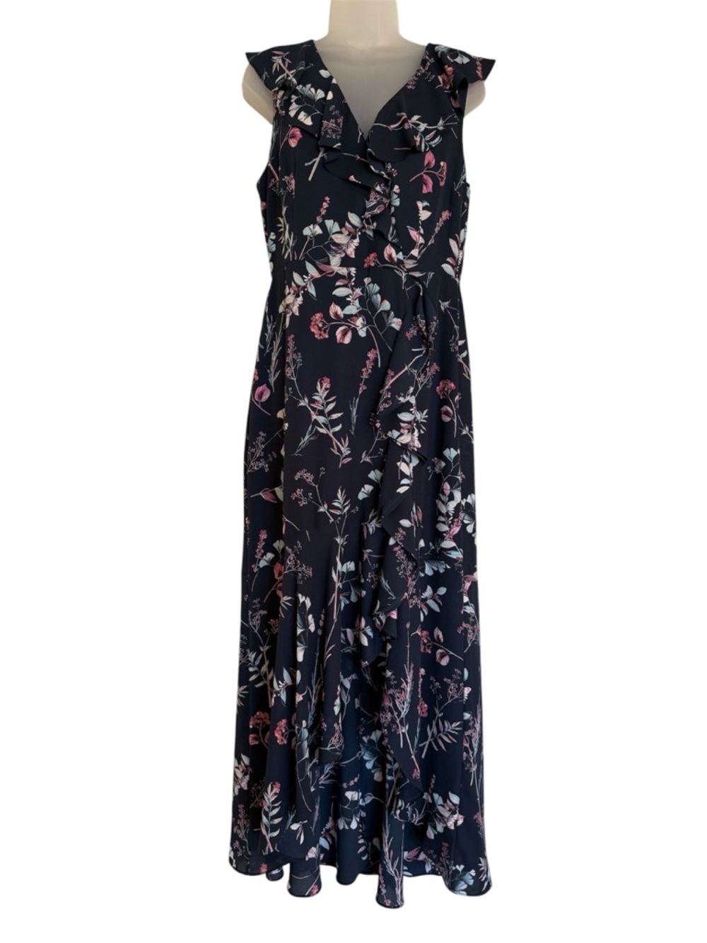 Banana Republic Navy Sleeveless Floral Ruffle Maxi Dress Size 8 - Picture 3 of 12